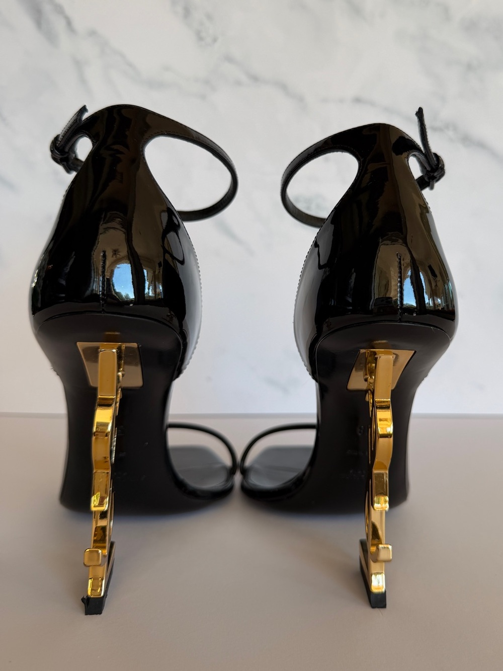 Saint Laurent YSL Opyum 110 Black Patent Gold Logo Heel Sandals Size 38 + Box - Picture 4 of 7